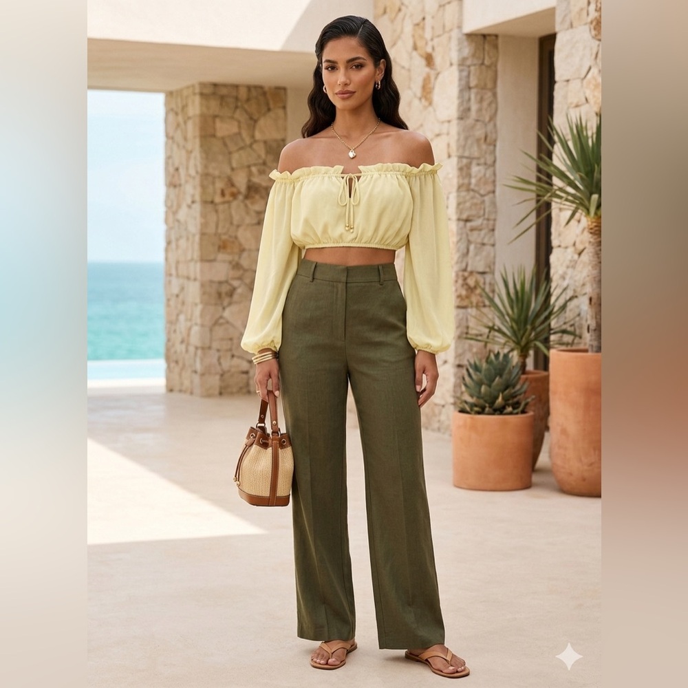 12th Tribe Yellow Long Sleeve Crop Top Boho Chic Romantic Ruffle Blouse Small S - Picture 1 of 10